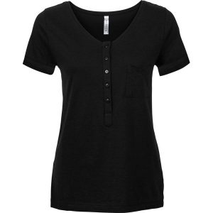 T-shirt z plisą guzikową. Zielone t-shirty bonprix, bez wzorów, bez kołnierzyka, bez ramiączek. Za 44,99 zł.