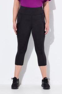 Damskie Legginsy 3/4 długość do łydek wysoki stan szybkoschnący materiał. Czarne legginsy Ulla Popken, bez wzorów, z elastanu, z podwyższonym stanem. Za 239,99 zł.