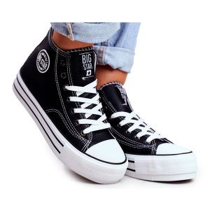 Trampki Damskie Big Star Czarne GG274012. Czarne trampki bez wzorów, z materiału, bez zapięcia. Za 227,30 zł.