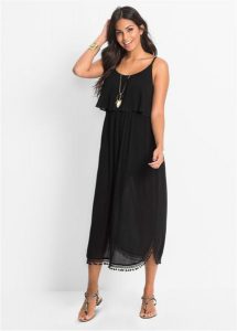 Sukienka maxi z kreszowanego materiału. Czarne sukienki bonprix, bez wzorów, eleganckie, bez kołnierzyka, bez ramiączek, maxi. Za 144,99 zł.