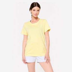Koszulka damska Domyos Gym & Pilates. Żółte bluzki DOMYOS, xl, bez wzorów, z bawełny, sportowe, bez kołnierzyka, bez ramiączek. W wyprzedaży za 24,99 zł.