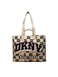 DKNY Torebka Heart Of Ny Large Tote R41AYF01 Beżowy. Brązowe shopper bag DKNY, bez wzorów, z materiału, bez dodatków. Za 769,99 zł.