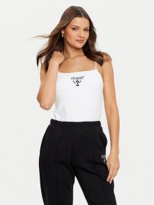 Guess Top V5RP08 KCOA2 Biały Regular Fit. Białe topy Guess, xs, z aplikacjami, z wiskozy, bez kołnierzyka, bez ramiączek. Za 119,99 zł.