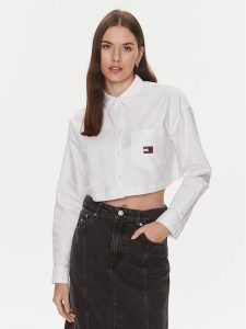 Tommy Jeans Koszula Badge DW0DW17345 Biały Relaxed Fit. Białe koszule Tommy Jeans, l, bez wzorów, z bawełny, bez kołnierzyka, bez ramiączek. Za 229,99 zł.