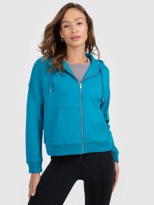 4F Bluza dresowa rozpinana z kapturem damska - turkusowa L. Niebieskie bluzy 4f, l, bez wzorów, z bawełny, z kapturem. Za 169,99 zł.