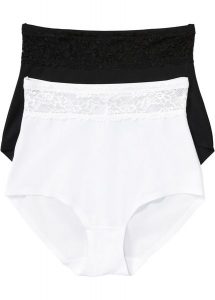 Figi panty shape, średni stopień modelowania sylwetki (2 pary). Czarne figi bonprix, bez wzorów, z koronki. Za 89,99 zł.