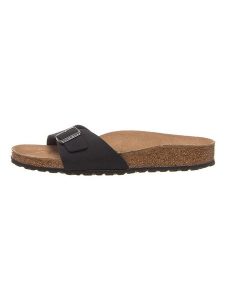 Birkenstock Klapki "Madrid Earthy Vegan" w kolorze czarnym rozmiar: 37. Czarne klapki Birkenstock, bez wzorów, z otwartym noskiem, bez obcasa. Za 342,60 zł.