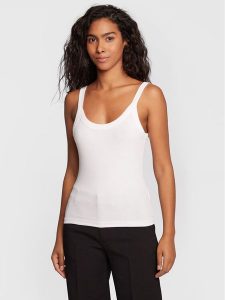 Gina Tricot Top Basic 14188 Biały Slim Fit. Białe topy Gina Tricot, xxs, bez wzorów, z bawełny, bez kołnierzyka, bez ramiączek. Za 59,99 zł.