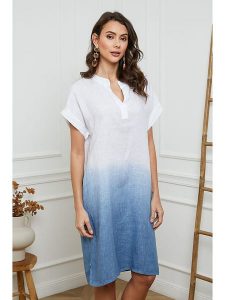 Fleur de Lin Lniana sukienka w kolorze biało-błękitnym rozmiar: XL. Białe sukienki Fleur de Lin, na co dzień, xl, bez wzorów, ze lnu, bez kołnierzyka, bez ramiączek, midi, proste. Za 223,46 zł.