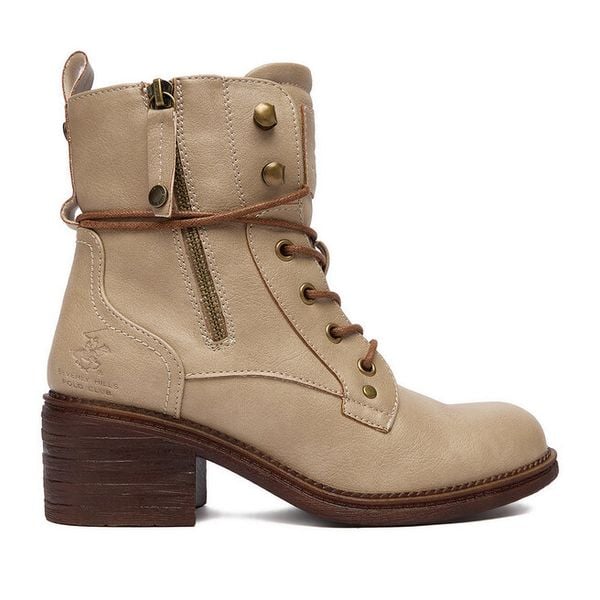 Trzewiki Beverly Hills Polo Club. Brązowe botki Beverly Hills Polo Club, bez wzorów, bez obcasa, na słupku, bez zapięcia. Za 199,99 zł.