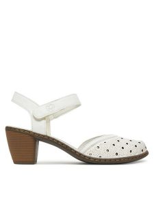 Rieker Sandały 40991-80 Biały. Białe sandały Rieker, bez wzorów, ze skóry, bez obcasa, na słupku, bez zapięcia. Za 299,99 zł.