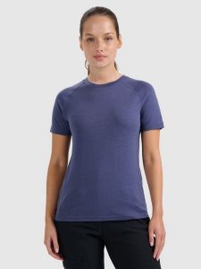 4F Koszulka trekkingowa z wełną merino damska - granatowa XL. Niebieskie bluzki 4f, s, bez wzorów, z wełny, bez kołnierzyka, bez ramiączek. Za 199,99 zł.