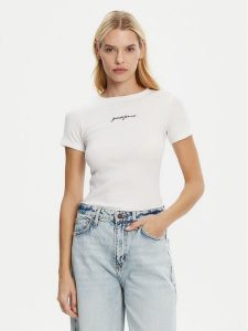 Guess Jeans T-Shirt W5RI57 KA0H1 Biały Slim Fit. Białe t-shirty Guess Jeans, xl, z aplikacjami, z bawełny, bez kołnierzyka, bez ramiączek. Za 89,99 zł.
