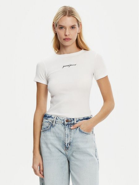 Guess Jeans T-Shirt W5RI57 KA0H1 Biały Slim Fit. Białe t-shirty Guess Jeans, xl, z aplikacjami, z bawełny, bez kołnierzyka, bez ramiączek. Za 79,99 zł.