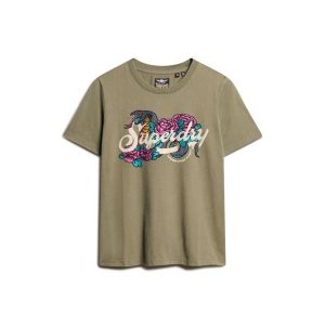Damska koszulka na co dzień Superdry Tattoo Script. Zielone bluzki Superdry, bez wzorów, bez kołnierzyka, bez ramiączek. W wyprzedaży za 130,00 zł.