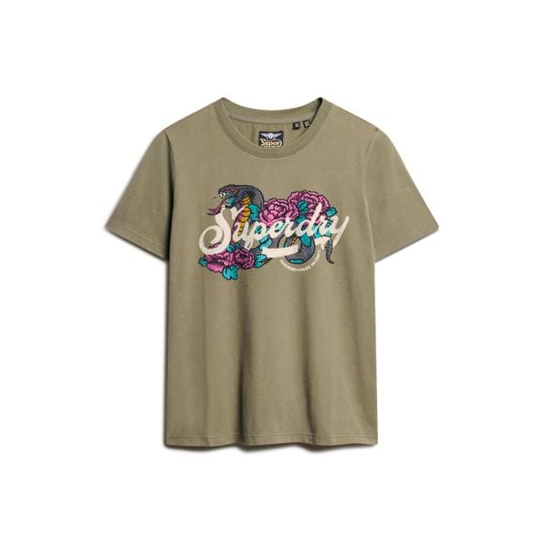 Damska koszulka na co dzień Superdry Tattoo Script. Zielone bluzki Superdry, bez wzorów, bez ramiączek. Za 164,00 zł.