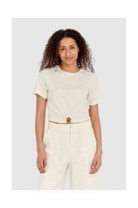 GUESS Kremowy t-shirt damski cropped fit piercing, Rozmiar M. Brązowe t-shirty Guess, m, z aplikacjami, bez kołnierzyka, bez ramiączek. W wyprzedaży za 149,99 zł.
