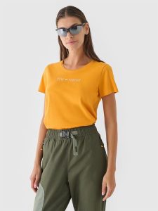 4F T-shirt regular gładki damski - pomarańczowy S. Brązowe t-shirty 4f, s, bez wzorów, z bawełny, bez kołnierzyka, bez ramiączek. W wyprzedaży za 19,99 zł.