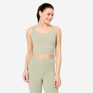Koszulka fitness damska Domyos kwadratowy dekolt. Brązowe bluzki DOMYOS, l, bez wzorów, z elastanu, eleganckie, bez kołnierzyka, bez ramiączek. Za 64,99 zł.