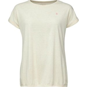 T-shirt damski LOAP Buda z nicią Lurex, lniany beż. Brązowe t-shirty LOOP, bez wzorów, ze lnu, bez kołnierzyka, bez ramiączek. Za 152,99 zł.