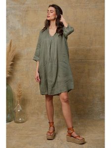 Joséfine Lniana sukienka "Mouna" w kolorze khaki rozmiar: L. Brązowe sukienki Joséfine, l, bez wzorów, ze lnu, bez kołnierzyka, bez ramiączek, midi. Za 152,99 zł.