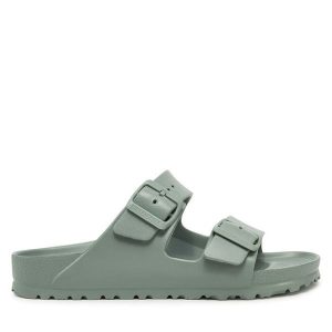 Klapki Birkenstock. Zielone klapki Birkenstock, bez wzorów, bez obcasa. Za 249,99 zł.