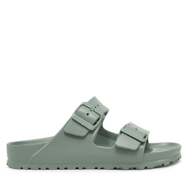 Klapki Birkenstock. Zielone klapki Birkenstock, bez wzorów, bez obcasa. Za 249,99 zł.