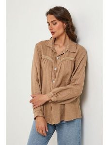 Lin Passion Lniana koszula w kolorze beżowym rozmiar: 34/36. Brązowe koszule Lin Passion, z aplikacjami, ze lnu, bez kołnierzyka, bez ramiączek. Za 173,99 zł.
