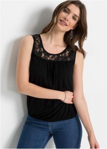 Top shirtowy. Czarne topy bonprix, bez wzorów, bez kołnierzyka, bez ramiączek. Za 52,99 zł.