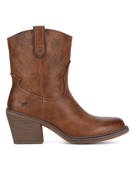 Mustang Kowbojki 1479-502-307 Brązowy. Brązowe botki Mustang, bez wzorów, z materiału, bez obcasa, na słupku, bez zapięcia. Za 279,99 zł.