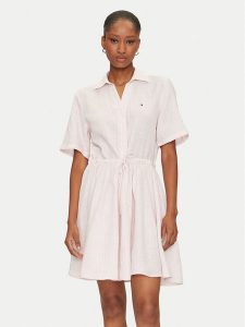 Tommy Hilfiger Sukienka koszulowa Ess WW0WW44672 Różowy Regular Fit. Czerwone kombinezony TOMMY HILFIGER, bez wzorów, ze lnu, bez kołnierzyka, bez ramiączek, koszulowe. Za 519,99 zł.