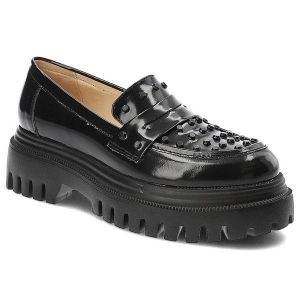 Czarne Półbuty Simen Modne Buty Damskie. Czarne półbuty Simen, bez wzorów, ze skóry, bez obcasa, bez zapięcia. Za 424,99 zł.