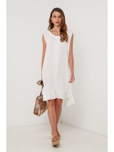 Lin Passion Lniana sukienka w kolorze białym rozmiar: 40/42. Białe sukienki Lin Passion, bez wzorów, ze lnu, klasyczne, bez kołnierzyka, bez ramiączek, midi. Za 152,99 zł.
