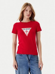 Guess Jeans T-Shirt W4YI04 J1314 Czerwony Slim Fit. Czerwone t-shirty Guess Jeans, m, z aplikacjami, z bawełny, bez kołnierzyka, bez ramiączek. Za 109,99 zł.