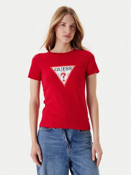 Guess Jeans T-Shirt W4YI04 J1314 Czerwony Slim Fit. Czerwone t-shirty Guess Jeans, m, z aplikacjami, z bawełny, bez kołnierzyka, bez ramiączek. Za 79,99 zł.