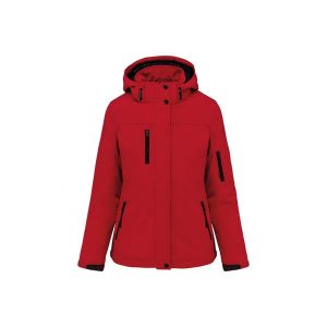 Kurtka damska z kapturem, ocieplana, softshell Kariban. Czerwone kurtki KARIBAN, na zimę, bez wzorów, z softshellu, z kapturem. Za 388,50 zł.