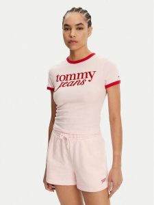 Tommy Jeans T-Shirt Script Ringer DW0DW20631 Różowy Slim Fit. Czerwone t-shirty Tommy Jeans, l, bez wzorów, z bawełny, bez kołnierzyka, bez ramiączek. Za 129,99 zł.