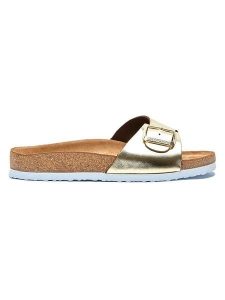 Comfortfusse Skórzane klapki w kolorze złotym rozmiar: 38. Żółte klapki Comfortfüße, bez wzorów, ze skóry, z otwartym noskiem, bez obcasa. Za 222,95 zł.