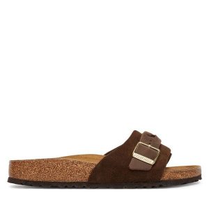 Klapki Birkenstock. Brązowe klapki Birkenstock, bez wzorów, bez obcasa. Za 474,99 zł.