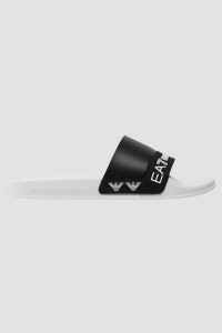 EA7 EMPORIO ARMANI Czarne klapki. Białe klapki EA7 Emporio Armani, bez wzorów, bez obcasa. W wyprzedaży za 211,99 zł.