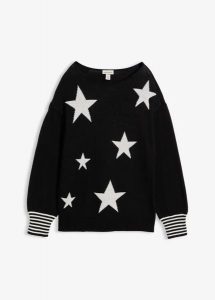 Sweter żakardowy z nadrukiem w gwiazdy, z mieszanki bawełny. Czarne swetry klasyczne bonprix, z bawełny, bez kołnierzyka. Za 109,99 zł.