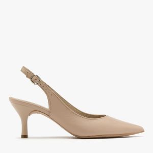 Beżowe czółenka typu slingback MICHELLE. Brązowe czółenka Ryłko, bez wzorów, z lakierowanej skóry, bez obcasa, na obcasie, bez zapięcia. Za 349,99 zł.