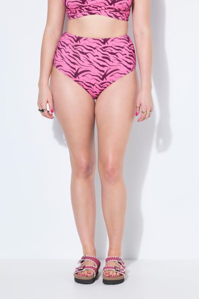 Damskie Figi od bikini majtki kolorowy wzór w zebrę wysoki stan modelujące. Czerwone figi Ulla Popken, bez wzorów, z elastanu. Za 99,99 zł.