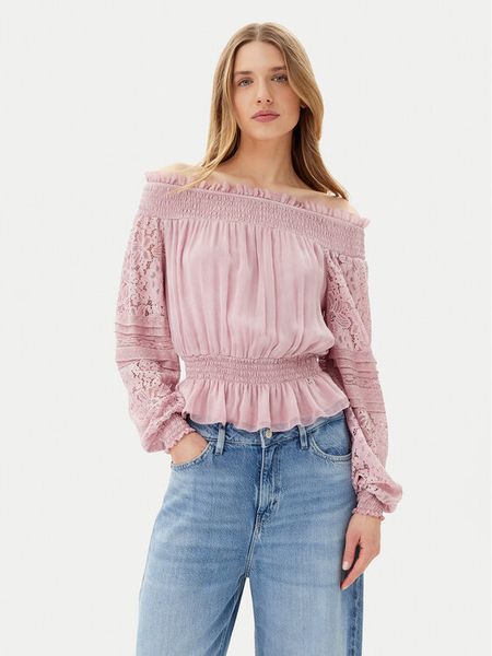 Guess Bluzka W5GH0S WE550 Różowy Regular Fit. Czerwone bluzki Guess, m, z aplikacjami, z wiskozy, bez kołnierzyka, bez ramiączek. Za 329,99 zł.