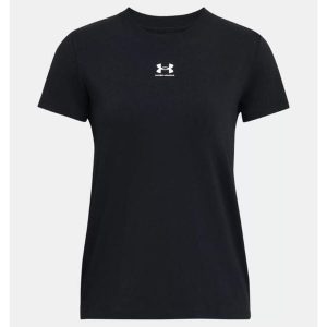 Koszulka damska Under Armour Rival Core SS. Czarne bluzki Under Armour, s, bez wzorów, sportowe, bez kołnierzyka, bez ramiączek. Za 91,79 zł.