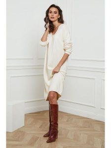 So Cachemire Sukienka dzianinowa "Palerme" w kolorze kremowym rozmiar: M. Brązowe sukienki So Cachemire, m, bez wzorów, z dzianiny, bez kołnierzyka, bez ramiączek, midi. Za 187,99 zł.