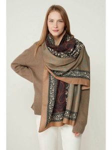 Lucky Bees Szal w kolorze beżowo-granatowym - 180 x 90 cm rozmiar: onesize. Brązowe szaliki Lucky Bees, bez wzorów, z materiału. Za 109,00 zł.