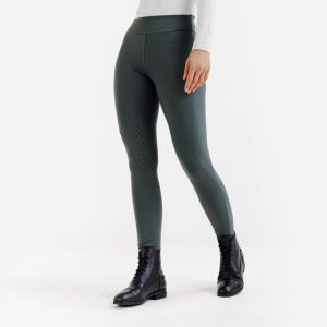 Legginsy jeździeckie damskie full grip - 500 zielone. Zielone legginsy FOUGANZA, bez wzorów, z lycry, z podwyższonym stanem, długie. Za 169,99 zł.