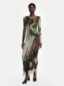 Desigual Sukienka codzienna Godiva 25WWVK41 Zielony Slim Fit. Zielone sukienki Desigual, na co dzień, xs, bez wzorów, z syntetyku, bez kołnierzyka, bez ramiączek, proste. Za 599,99 zł.