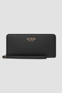 GUESS Czarny duży damski portfel Mirema Slg Large. Czarne portfele Guess, z aplikacjami, ze skóry ekologicznej. W wyprzedaży za 224,99 zł.